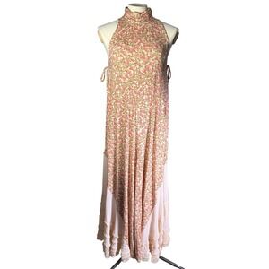 NWOT Free People Pink Floral Halter Handkerchief Hem Lace Trim Jumpsuit Large